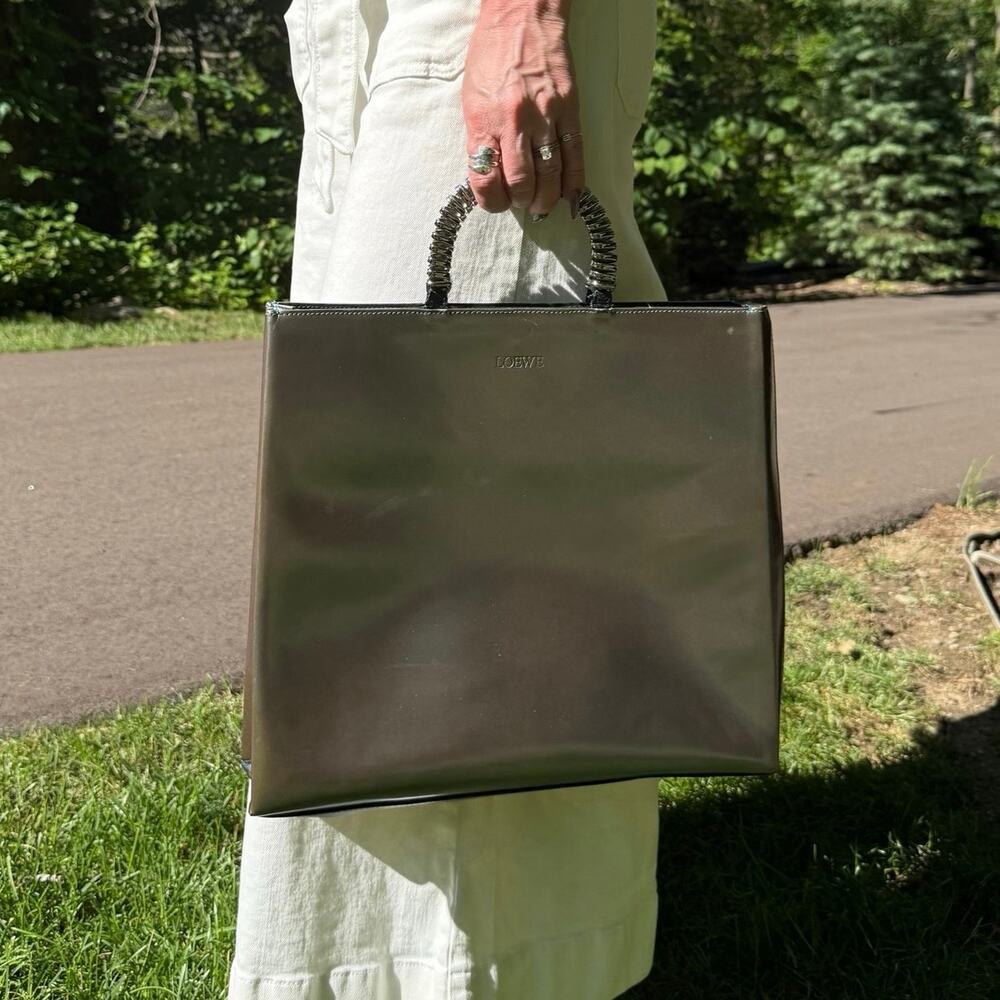 LOEWE Unisex Gray/green patent leather Tote with Gunmetal Gray Handles